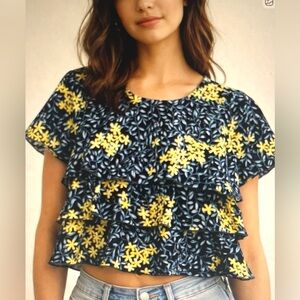 Zara Basic Floral Boho Feminine Tiered Ruffle Navy Blue Yellow Crop Top Size S